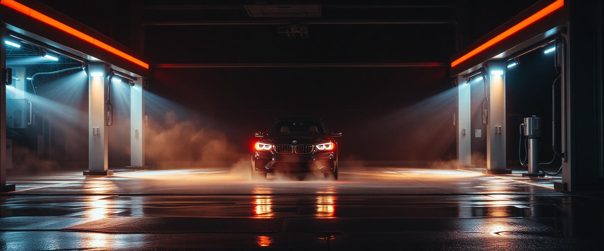 Super Wash bay at night with high-pressure spray and amber lighting